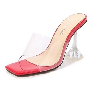 MAIERNISI Clear Heels Sandals Square Toe High Stiletto Mules Slip on Wedding 9.5